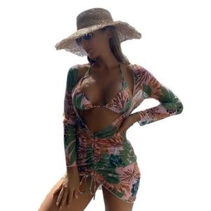 Floral Print Halter Triangle Bikini Srt 3 Piece Set